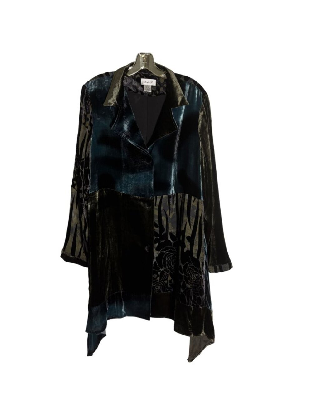 Elegant Anis.A Velvet & Silk Blend Asymmetrical Drape Jacket XL Black/Green - Picture 10 of 12